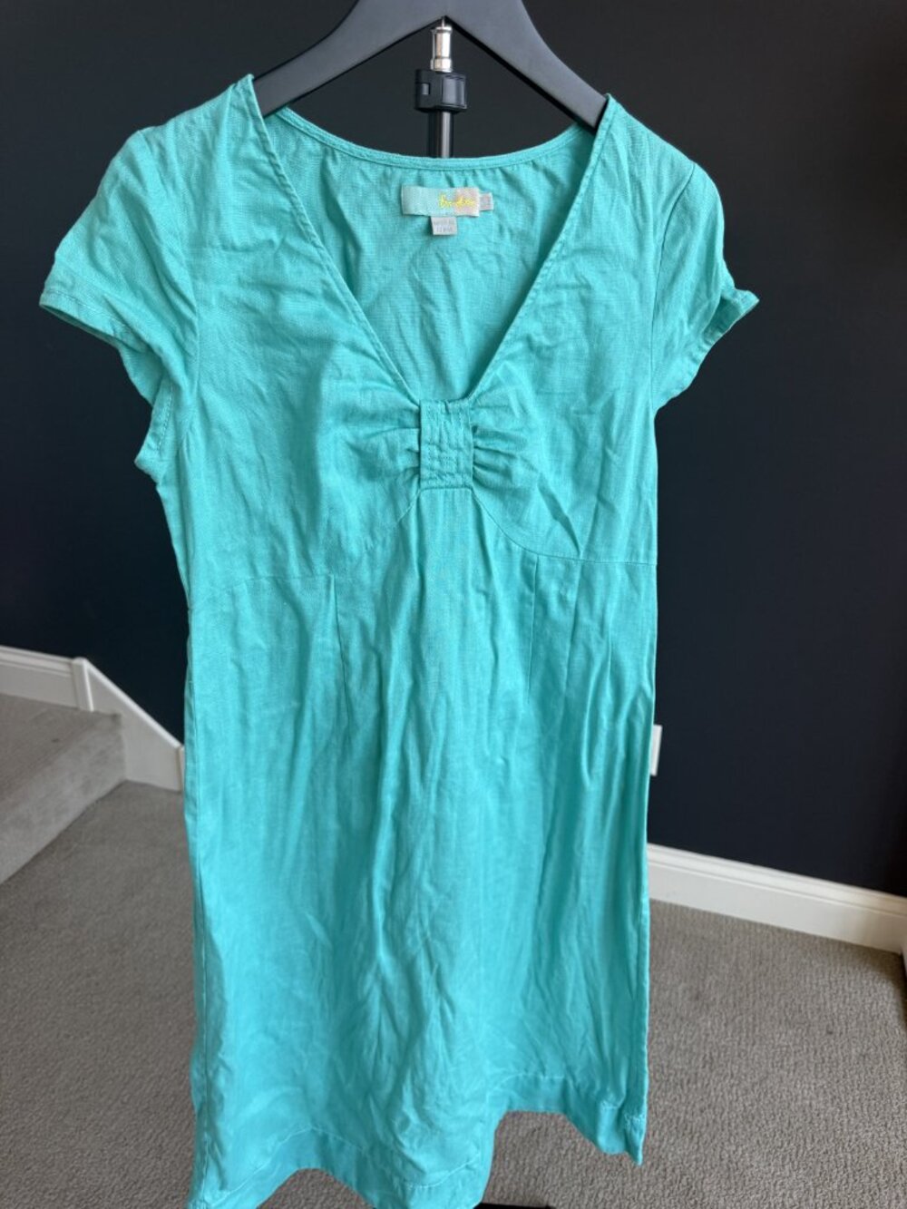 Boden Aqua Teal Linen Ruched V-Neck Dress US 8 UK 12